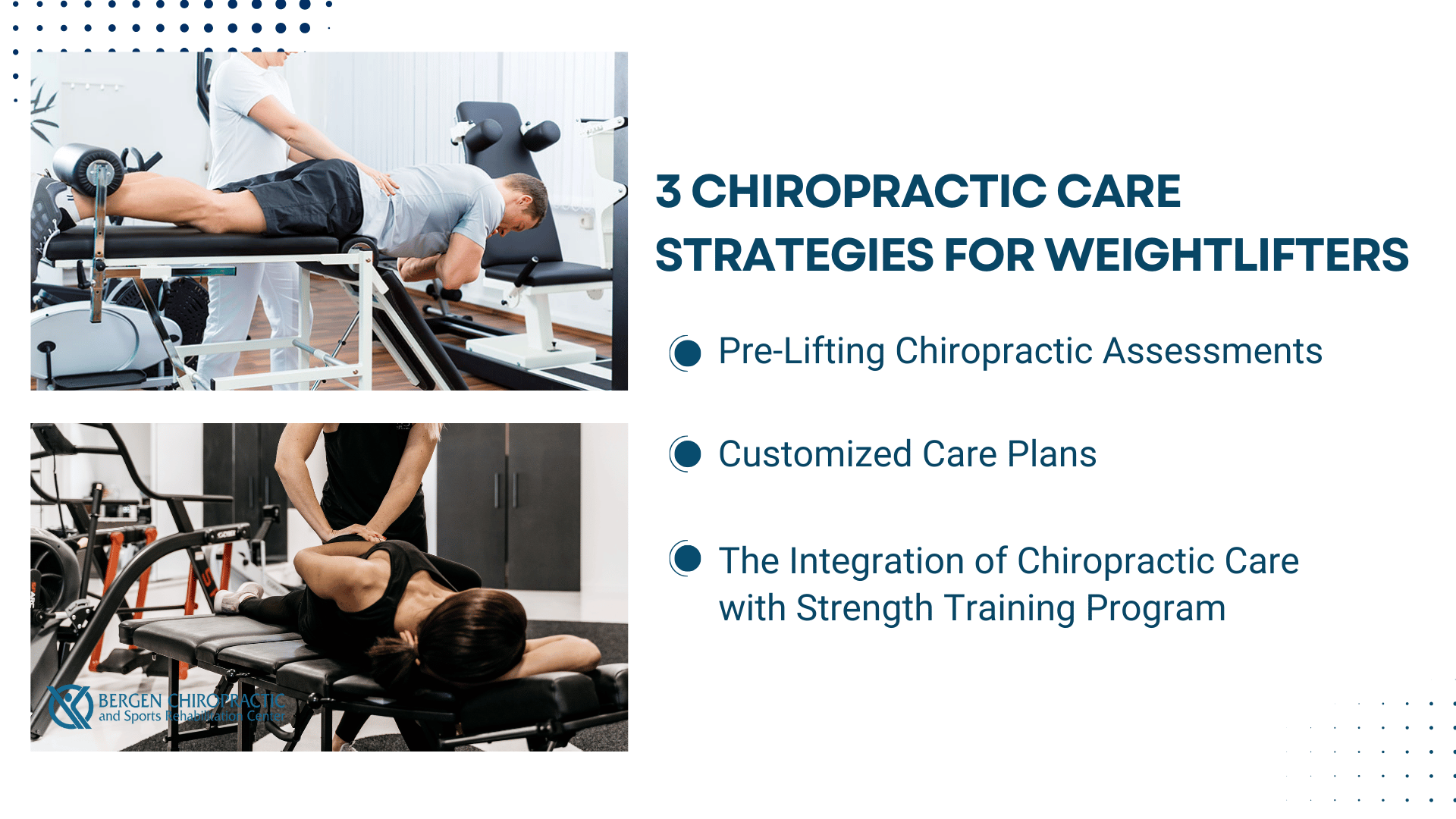 This infographic depicts 3 chiropractic care strategies for weightlifters