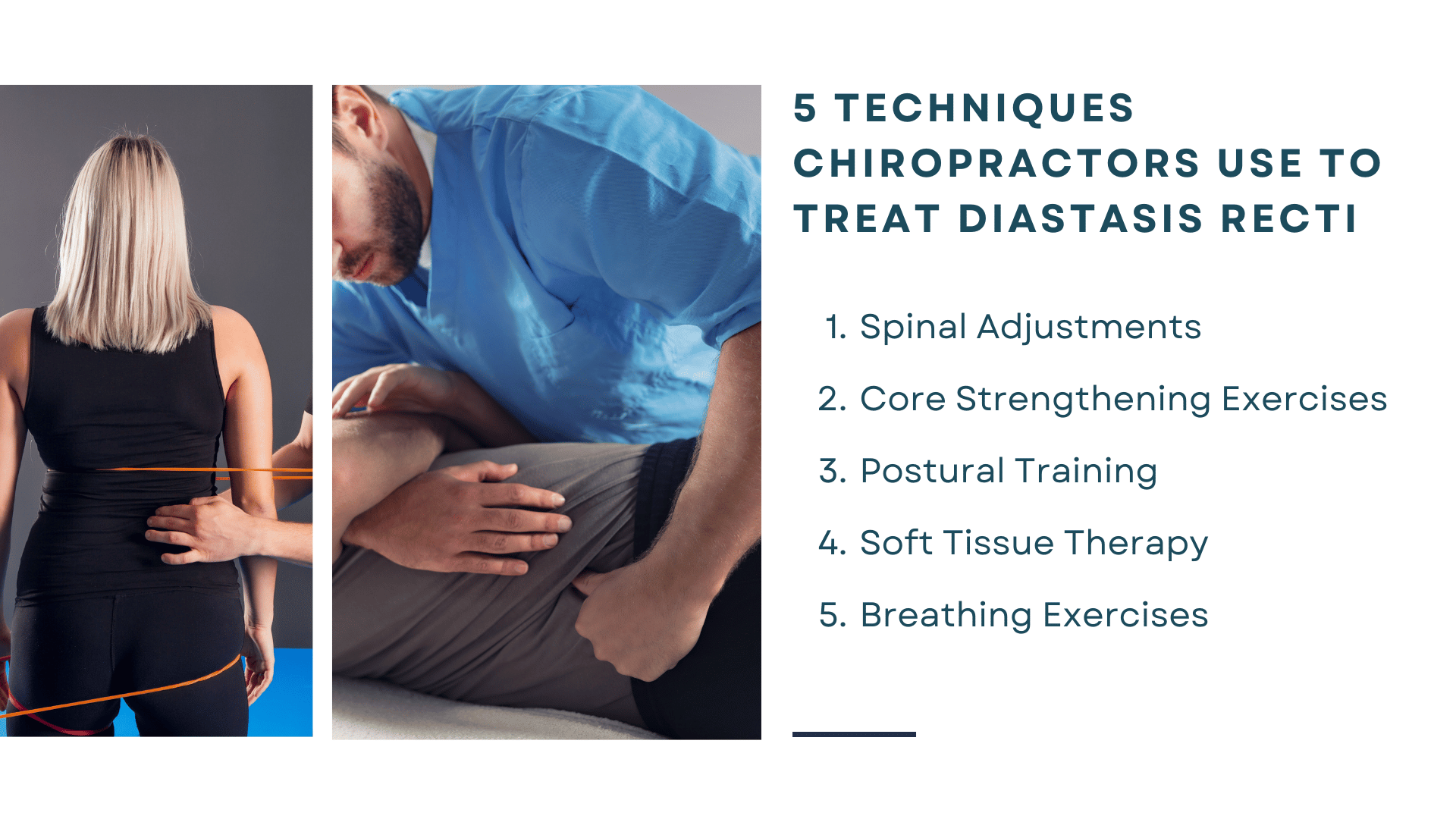 This is an infographic detailing the 5 techniques chiropractors use to treat diastasis recti