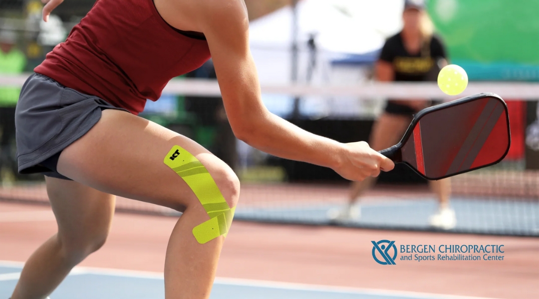 Close-up of a pickleball player in a red tank top and gray shorts, mid-game, with bright green kinesiology tape on her knee. She is reaching forward with a paddle, ready to hit the ball. The Bergen Chiropractic and Sports Rehabilitation Center logo is displayed in the corner.
