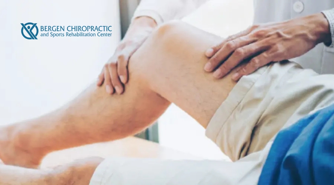 A chiropractor adjusting a patient’s knee, helping with rehabilitation or pain relief, with the Bergen Chiropractic and Sports Rehabilitation Center logo in the corner.